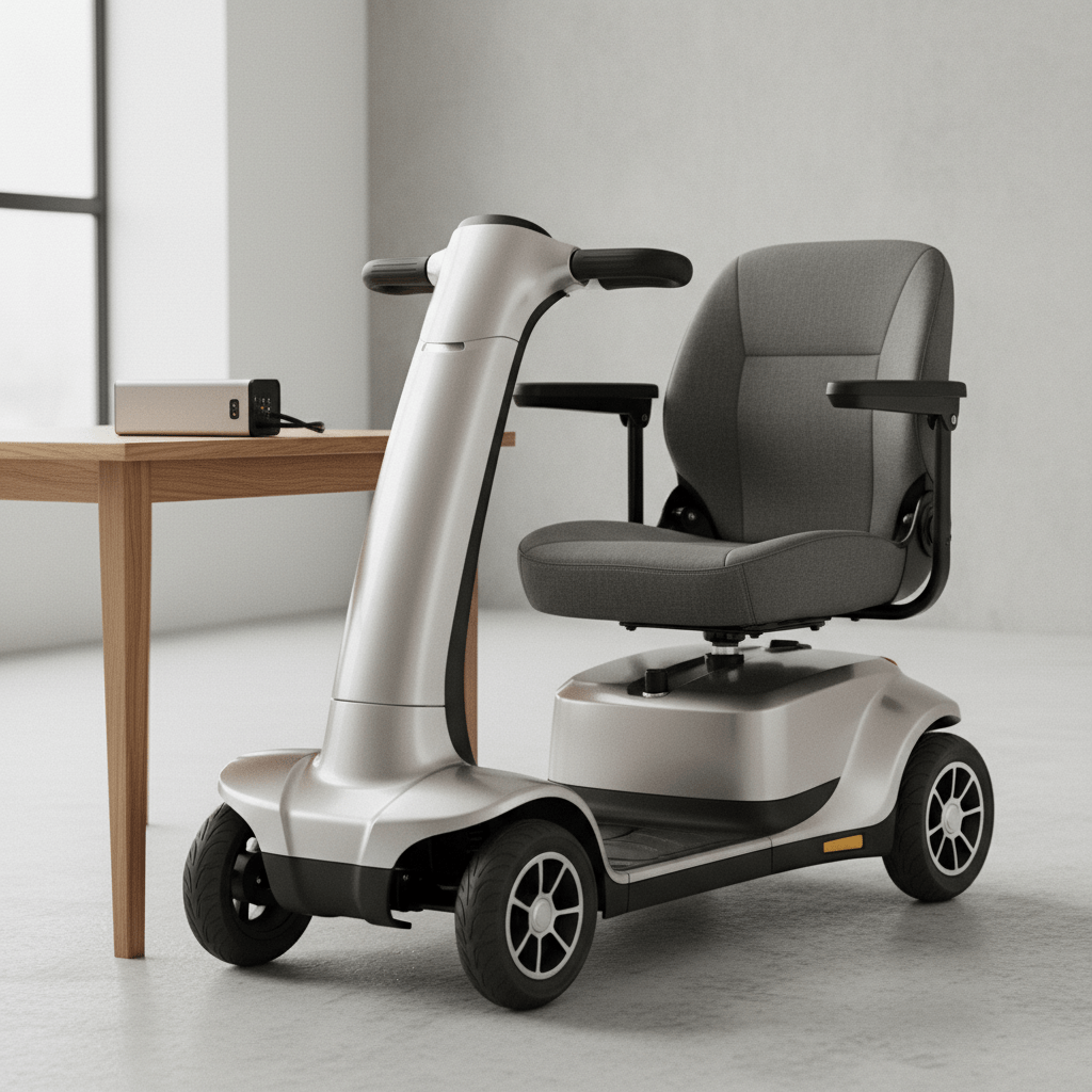 Compact mobility scooter and its lightweight battery Sleek budget mobility scooter with removable lithium-ion battery on a studio table.
