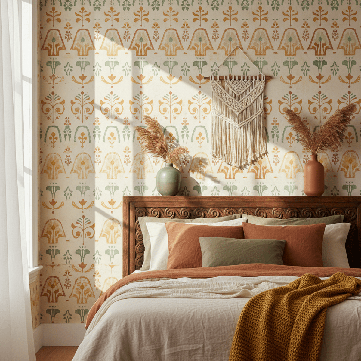 Warm geometric block print wallpaper revival design. Cozy bedroom wall featuring ochre, sage green, and clay geometric block print wallpaper.