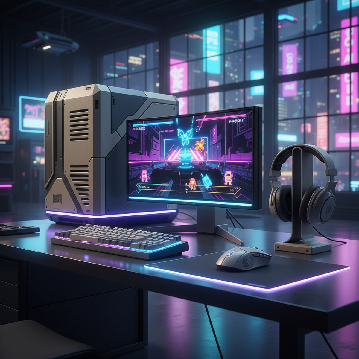 Futuristic vintage PC gaming setup with RGB lighting in a neon urban loft.