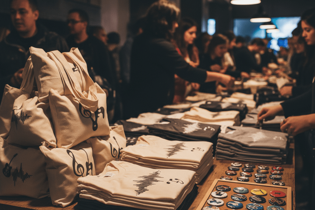 Wide shot of an organized charity concert merch booth with eco-friendly items, softly lit by ambient light, conveying purposeful consumer engagement