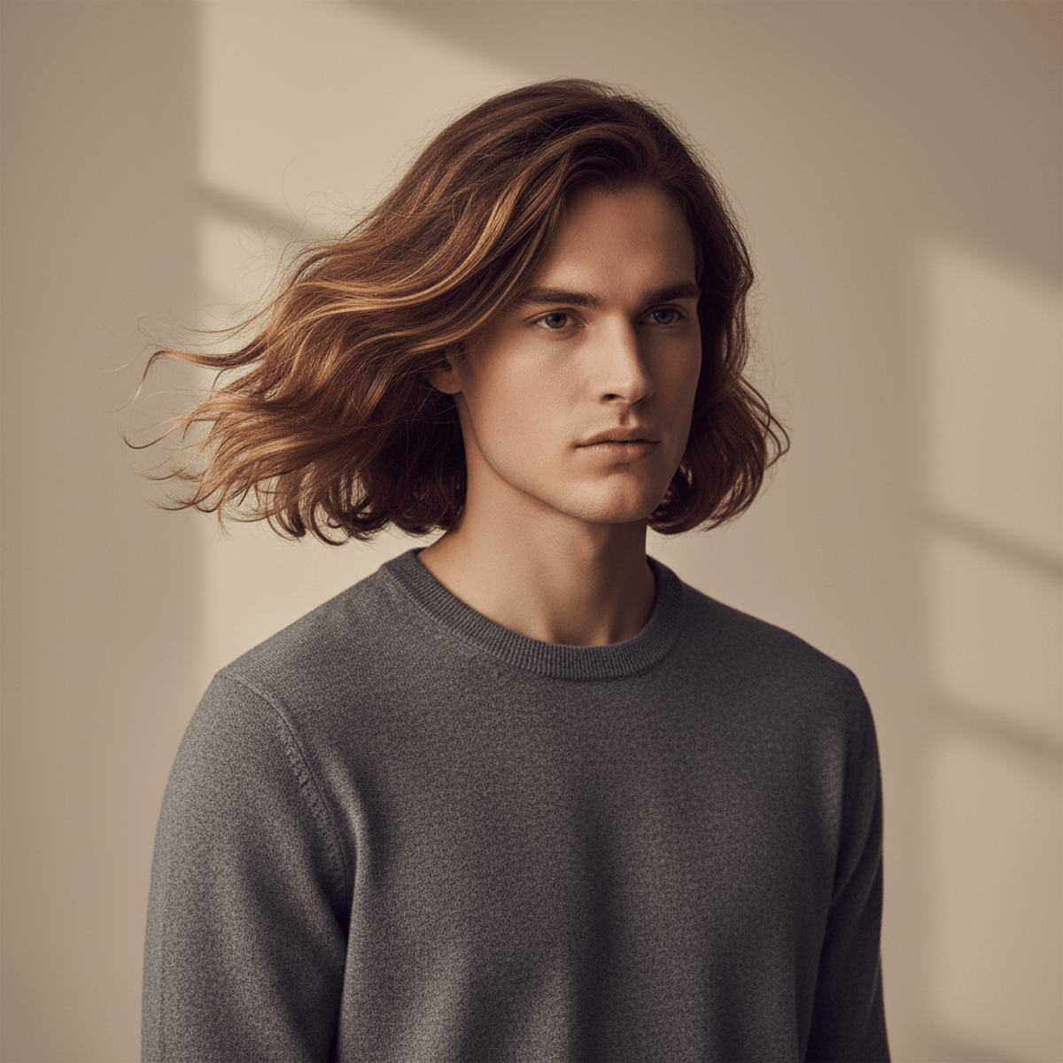 Modern man's dramatic wavy hairstyle and texture Modern man with collarbone-length natural wavy hair swept to the side.