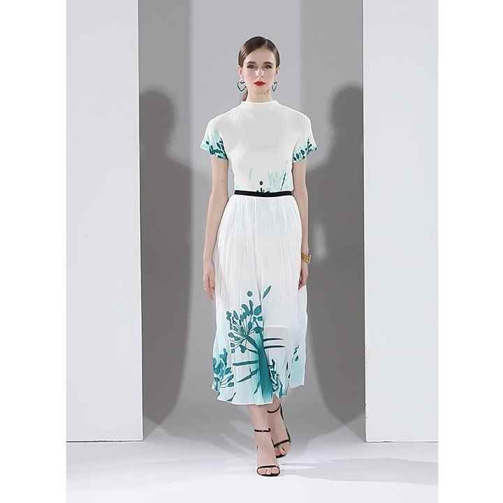 Pleated Casual Plus Size Pleated Set Stand Collar Short Sleeve Pleated Top  Down Umbrella Dress Set Women's Autumn New