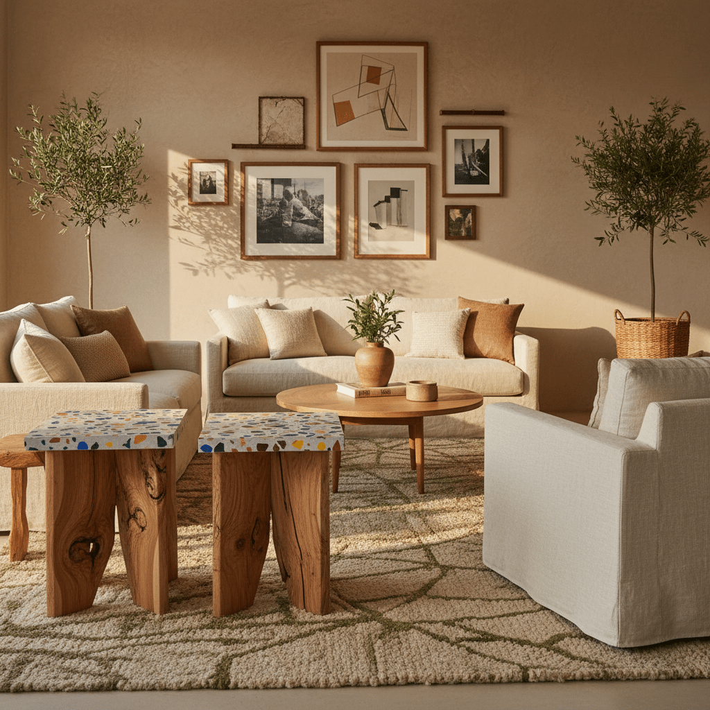 Warm, inviting living room with rustic elegance, showcasing handcrafted wood tables and a wool rug.