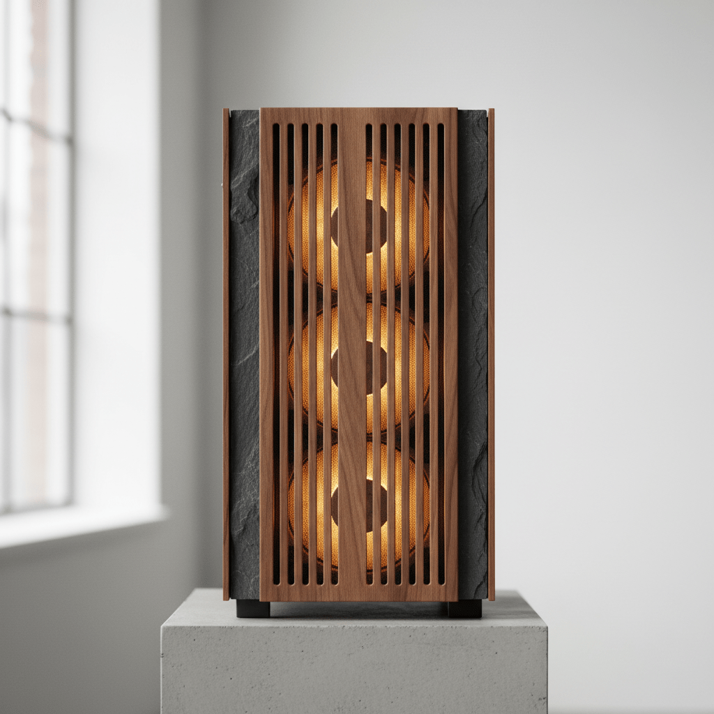 High-performance PC case featuring walnut wood, slate stone, and fabric mesh.