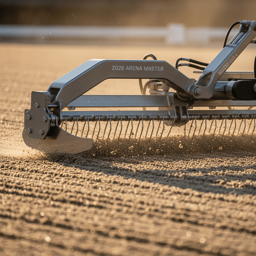 Arena drag grooming synthetic fiber dressage court with grooming attachments.