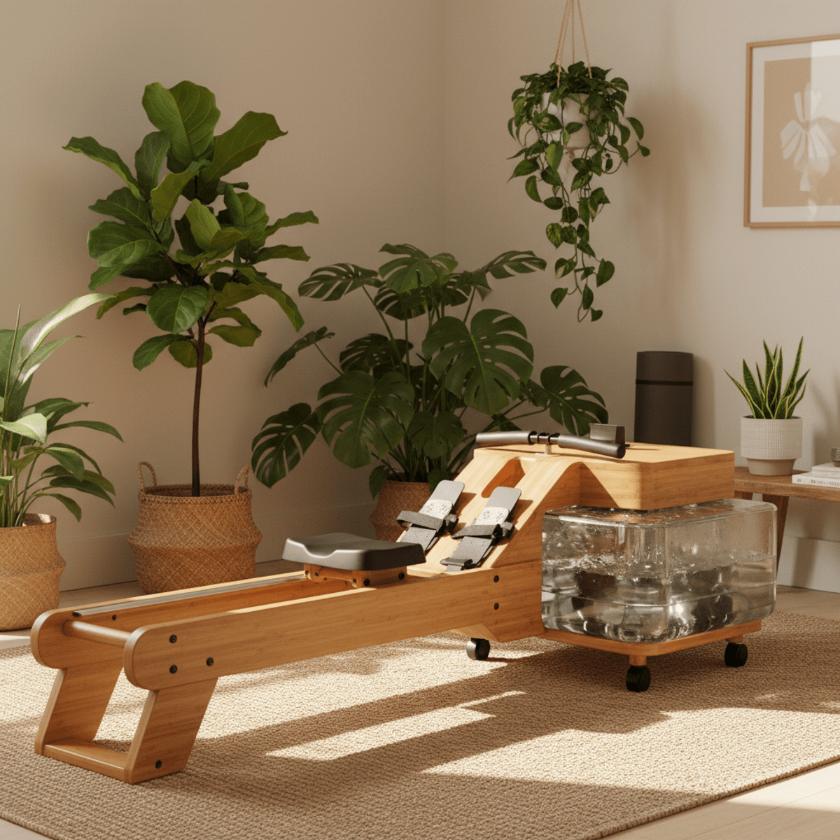Elegant bamboo water rower in a serene home gym with plants.