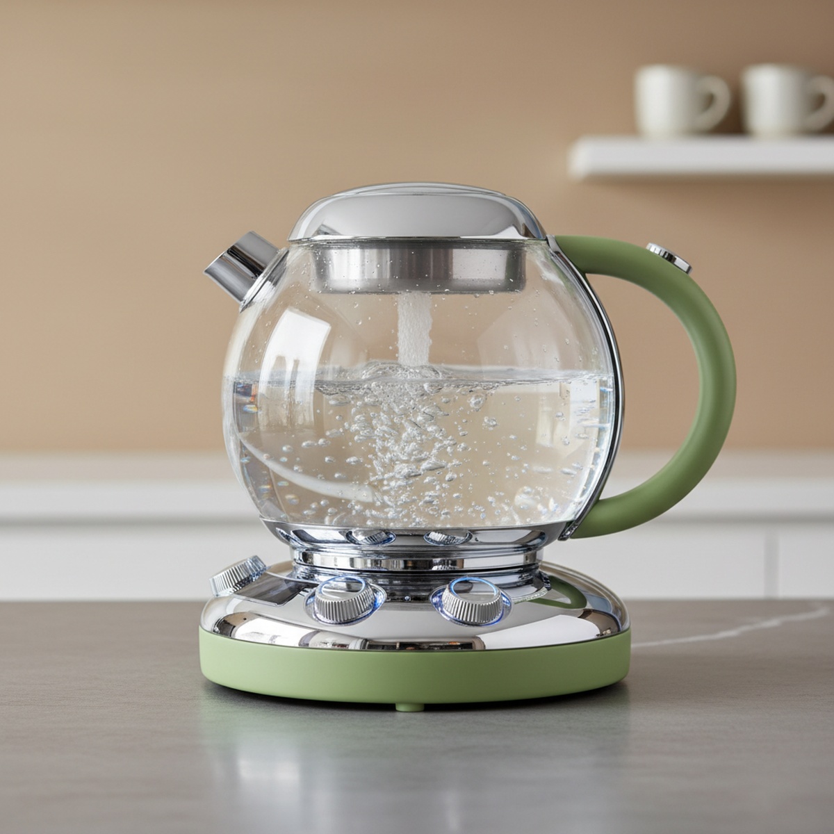 Retro-futurist glass kettle with avocado green handle and chrome accents.