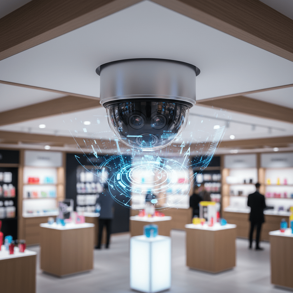 Advanced security camera projecting holographic shopper data in a modern retail store.