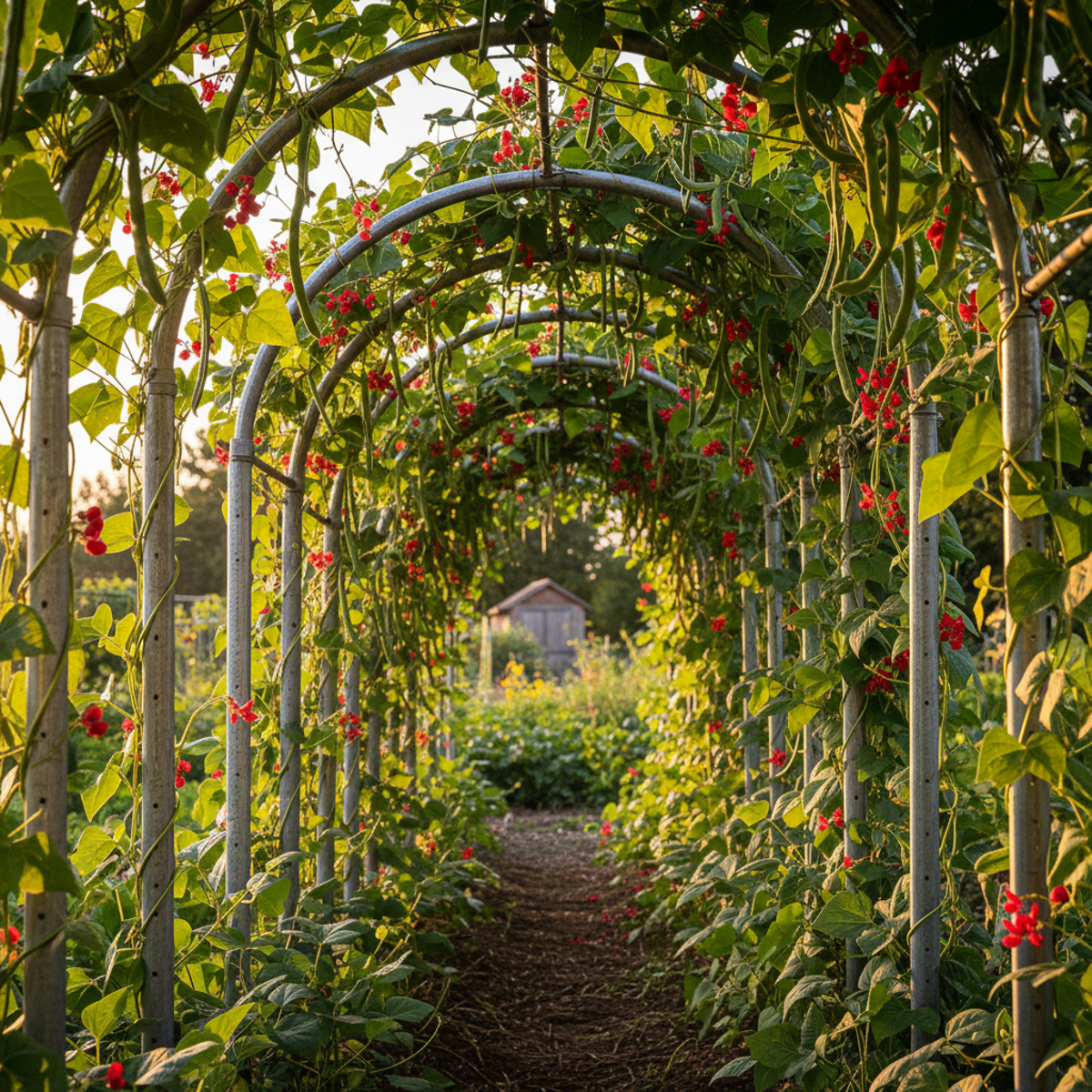 Walkable garden arch tunnel covered in runner beans, red flowers, and pods.