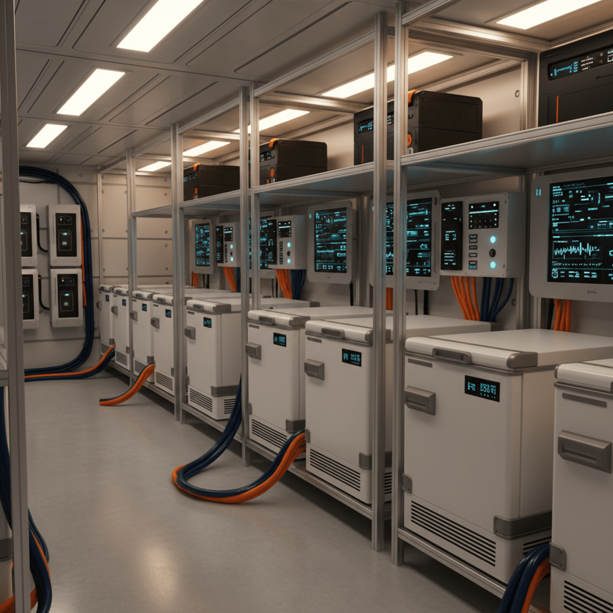 Futuristic bunker with organized solar refrigerators and battery backups.
