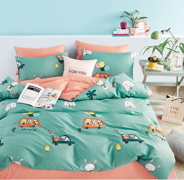 Baby crib bedding Duvet Cover Set 100% Cotton printed Woodland Animal Friends Bear Rabbit Flower Pink Green for kids