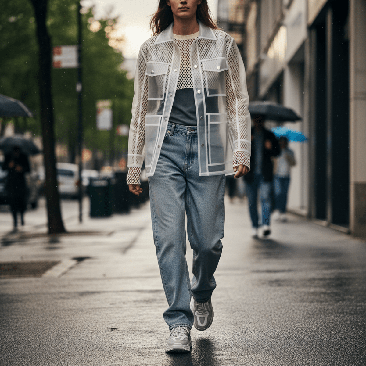 Model in casual transitional weather outfit with mesh top and transparent shacket on city street.