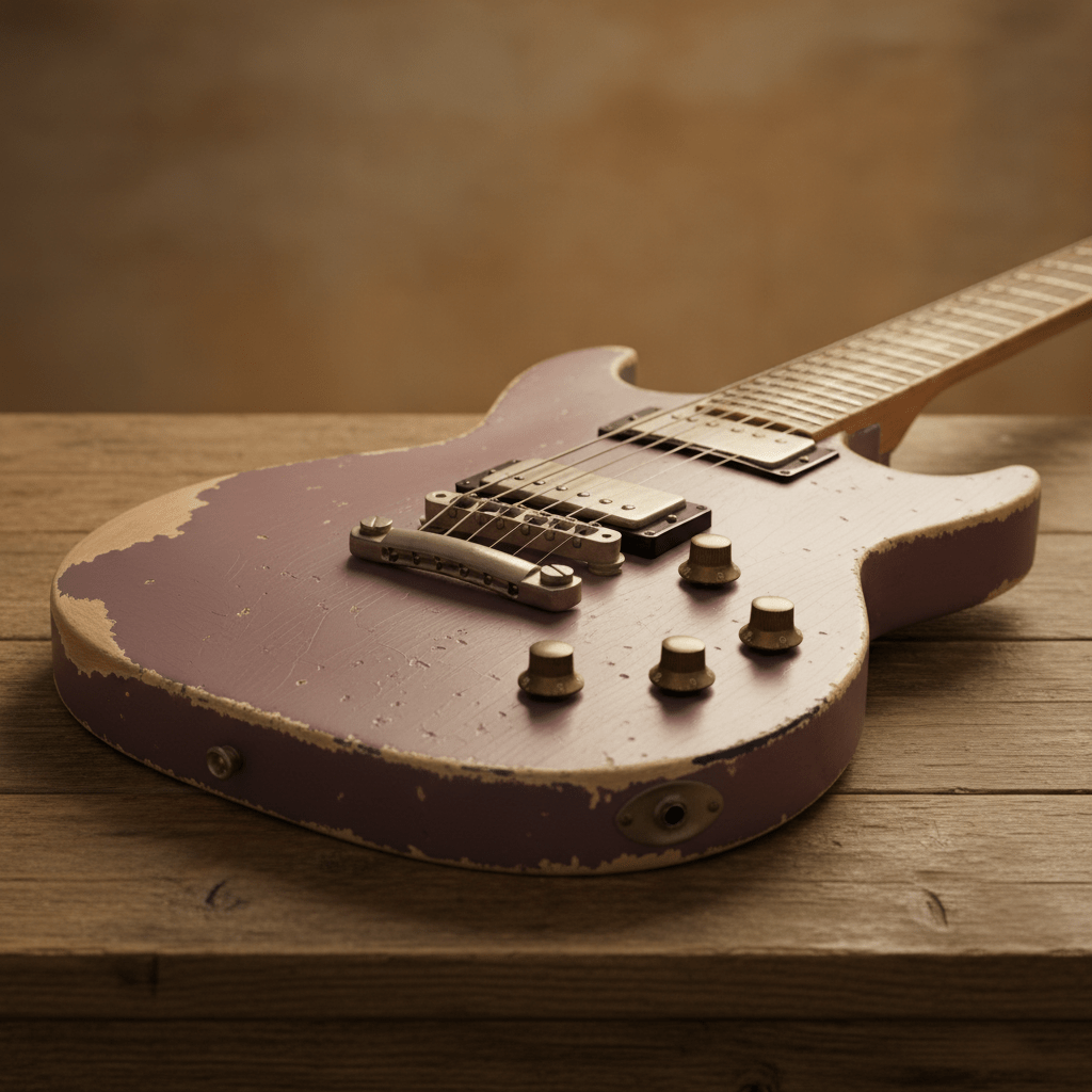 A vintage purple guitar with a faded plum relic finish and worn edges.