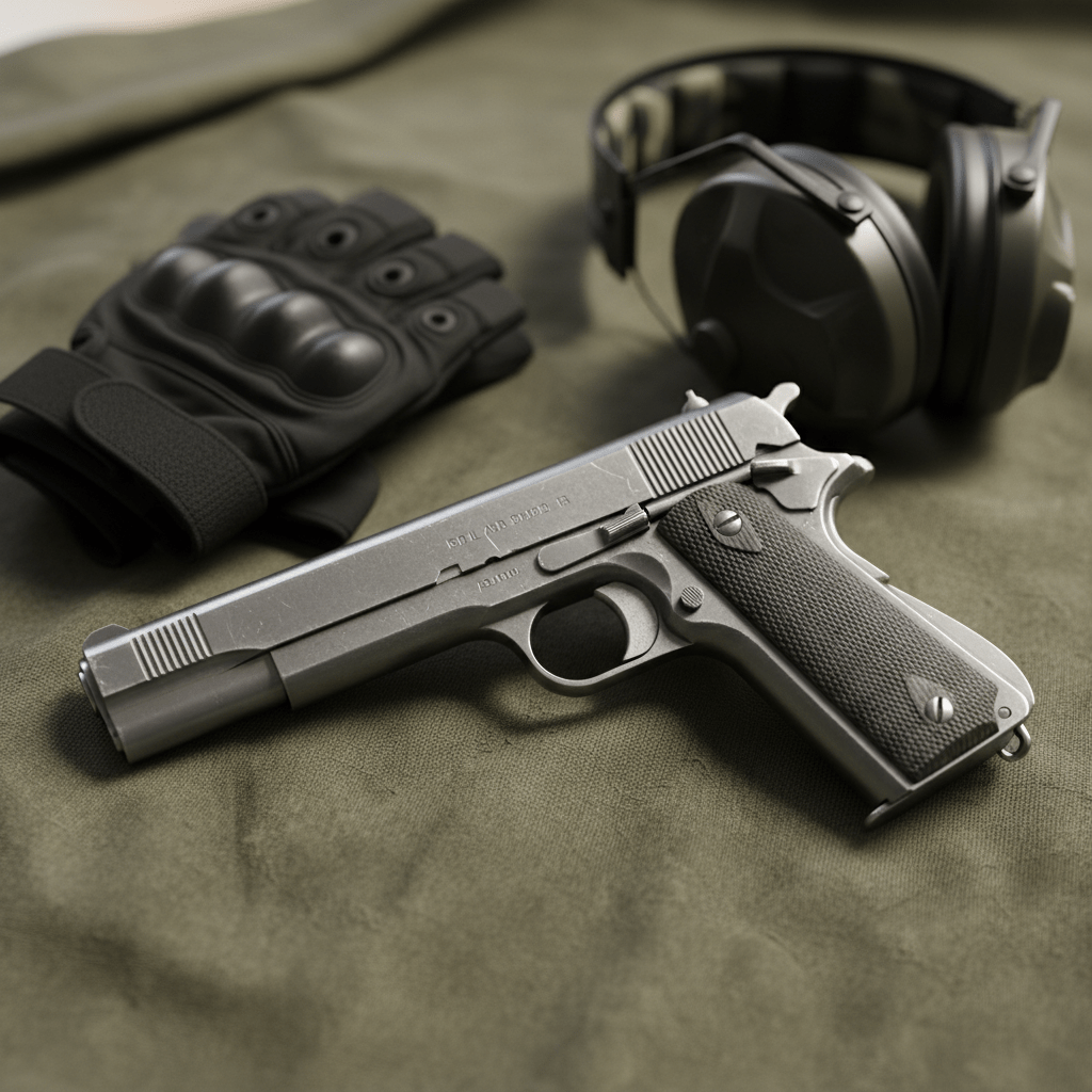 Realistic BB gun replica with tactical gloves and ear protection. Close-up of a realistic BB gun replica with tactical gear on military fabric.