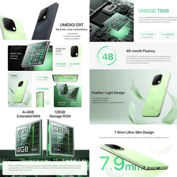 Versão Global UMIDIGI G9T, 4GB + 128GB, Face ID & Identificação