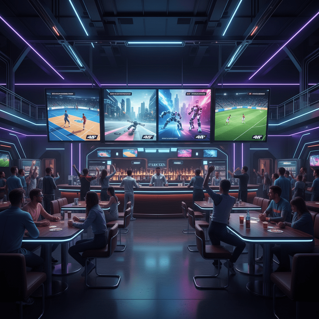 Futuristic sports bar with a massive 4K television wall and fans.