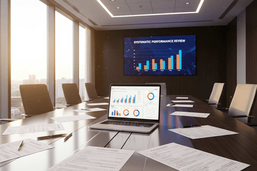 Structured evaluation frameworks for talent and market analysis Conference room table with evaluation forms, analytics graphs, and a projector screen under natural light, symbolizing systematic assessment tools