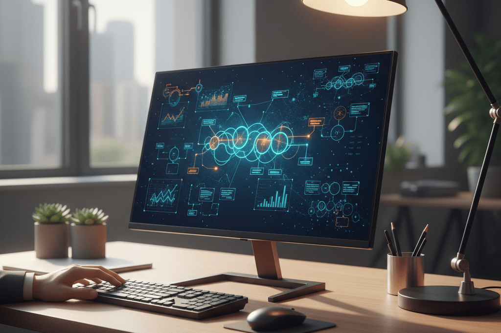 Office desk with monitor showing abstract AI data charts under natural light, symbolizing smart inventory management