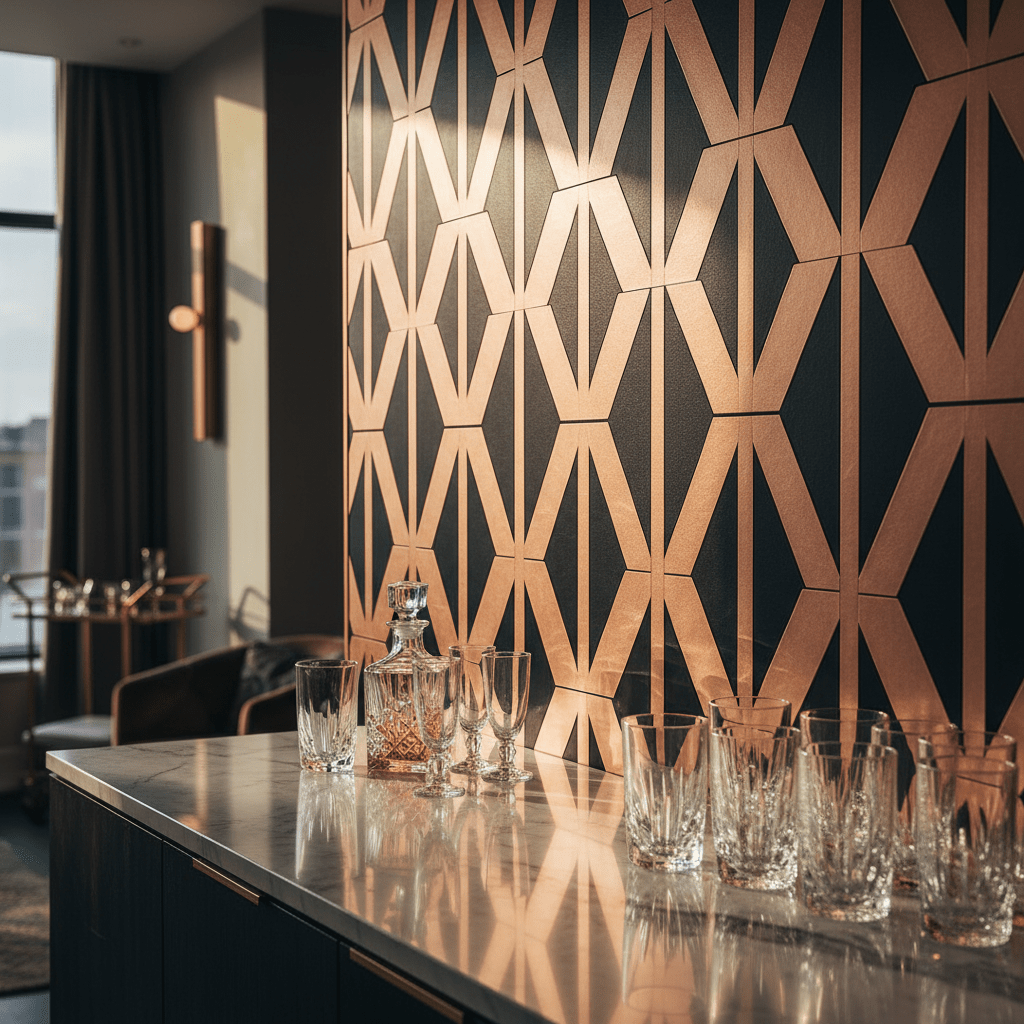 Sophisticated Art Deco dry bar backsplash with metallic wall panels Art Deco magnetic wall panels create a chic dry bar backsplash with rose gold and black metallic finishes.