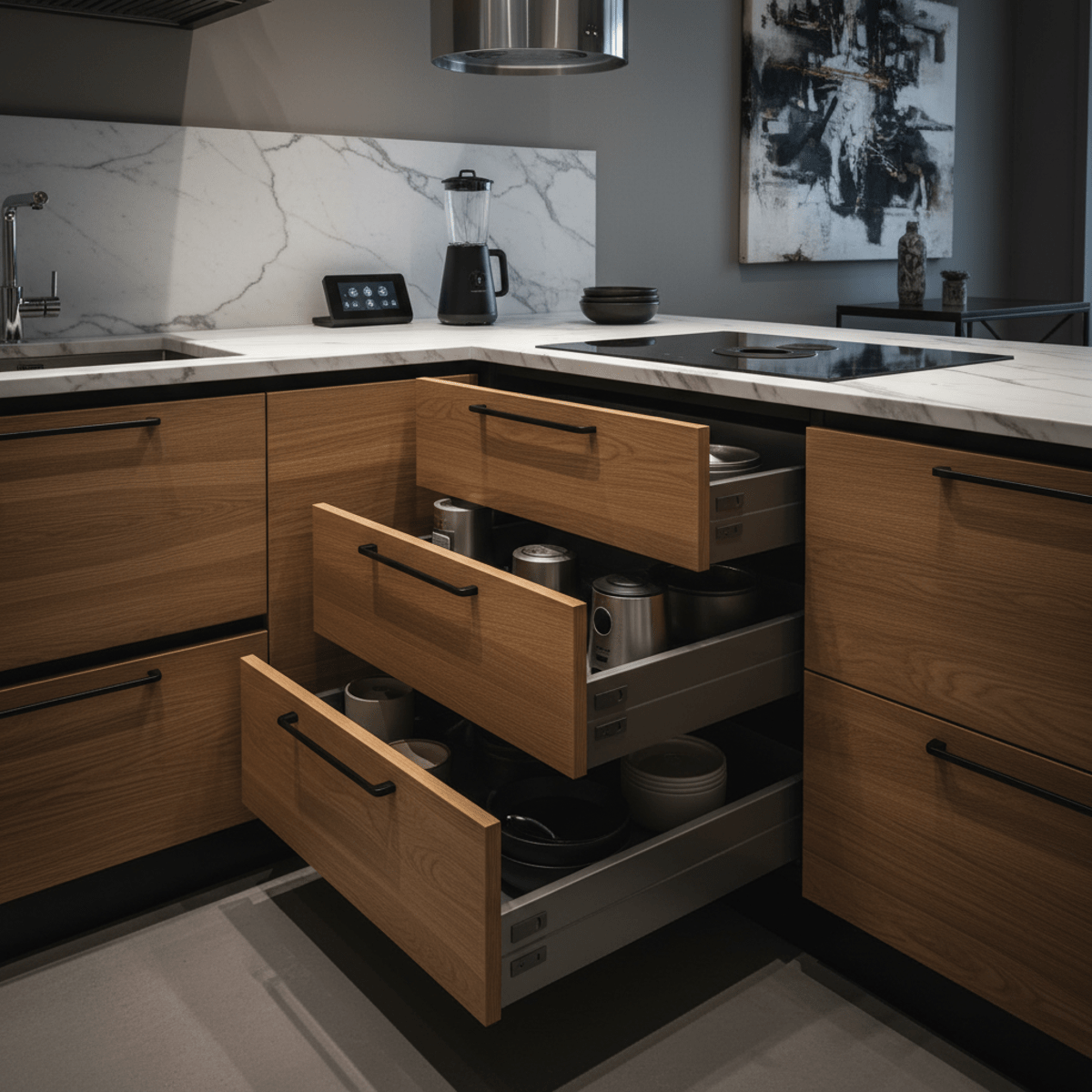 Innovative angled oak kitchen drawers with matte black hardware in a luxury setting.
