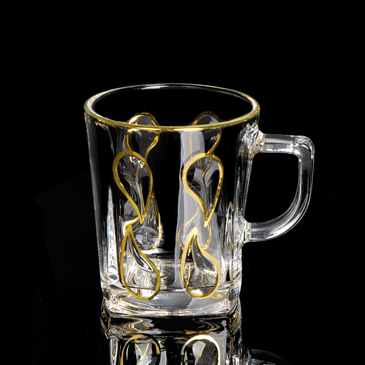 Стеклянная чашка для чая и кофе с ручкой в золотой линии, 260 мл, D80 H90