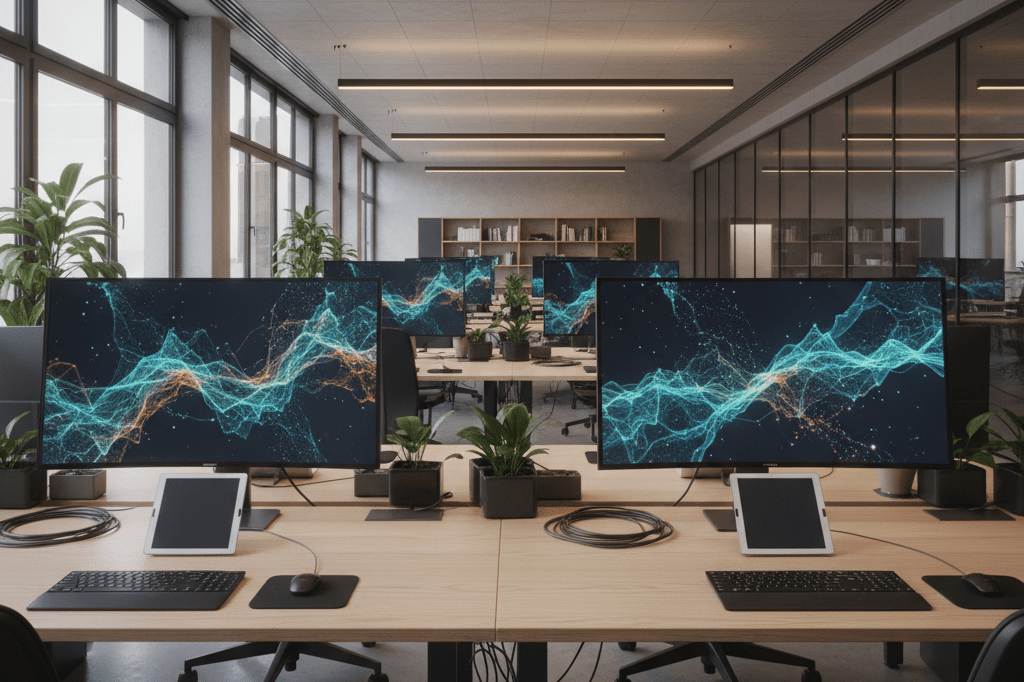 Modern office setup with monitors, cables, and abstract visuals under natural and ambient lighting, representing shifts toward enterprise-focused AI solutions