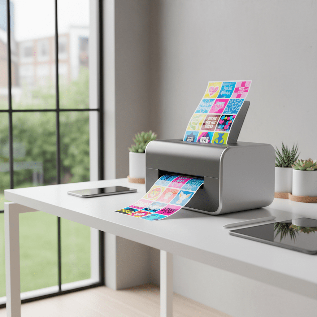 Compact sticker printer on a white desk with vibrant 4x6 sticker sheets.