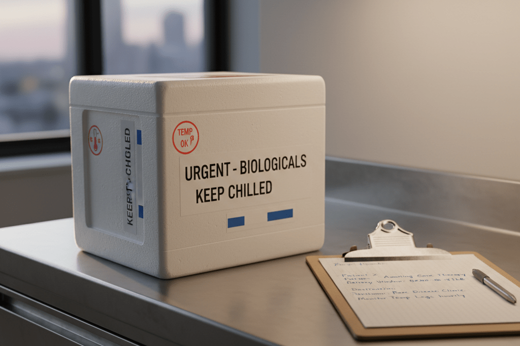 Detailed photo of labeled medical shipping container symbolizing urgent logistics in rare disease care