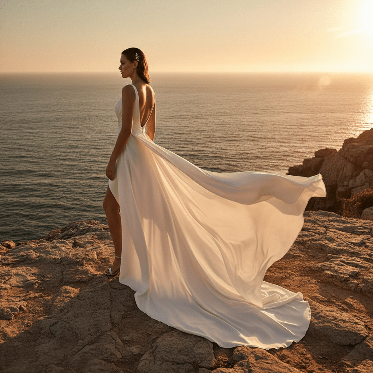 Asymmetrical waterfall drape wedding dress on a cliffside at golden hour.