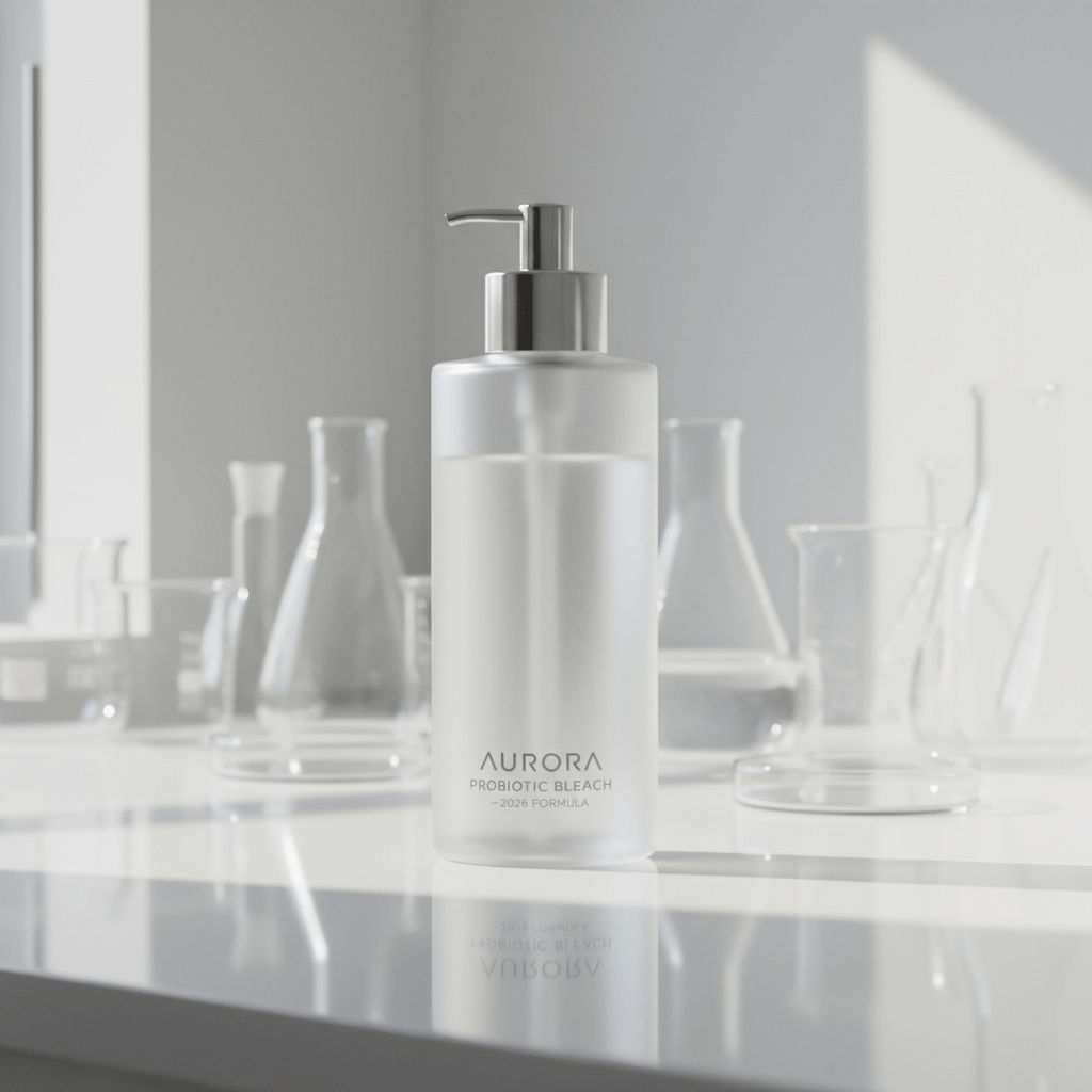 Frosted glass bleach bottle with silver pump on a reflective lab counter.