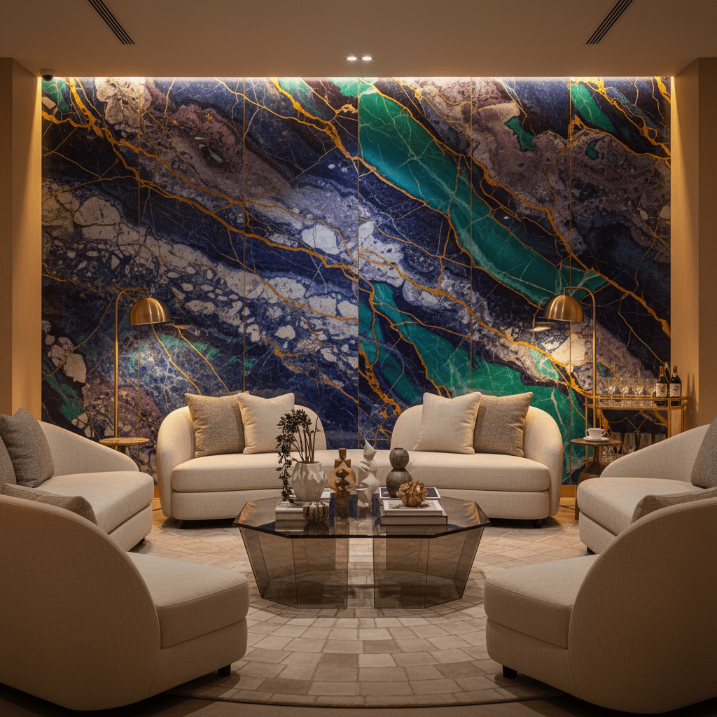 Bold lapis, amethyst, and malachite marble walls behind cream seating in a modern hotel lounge.