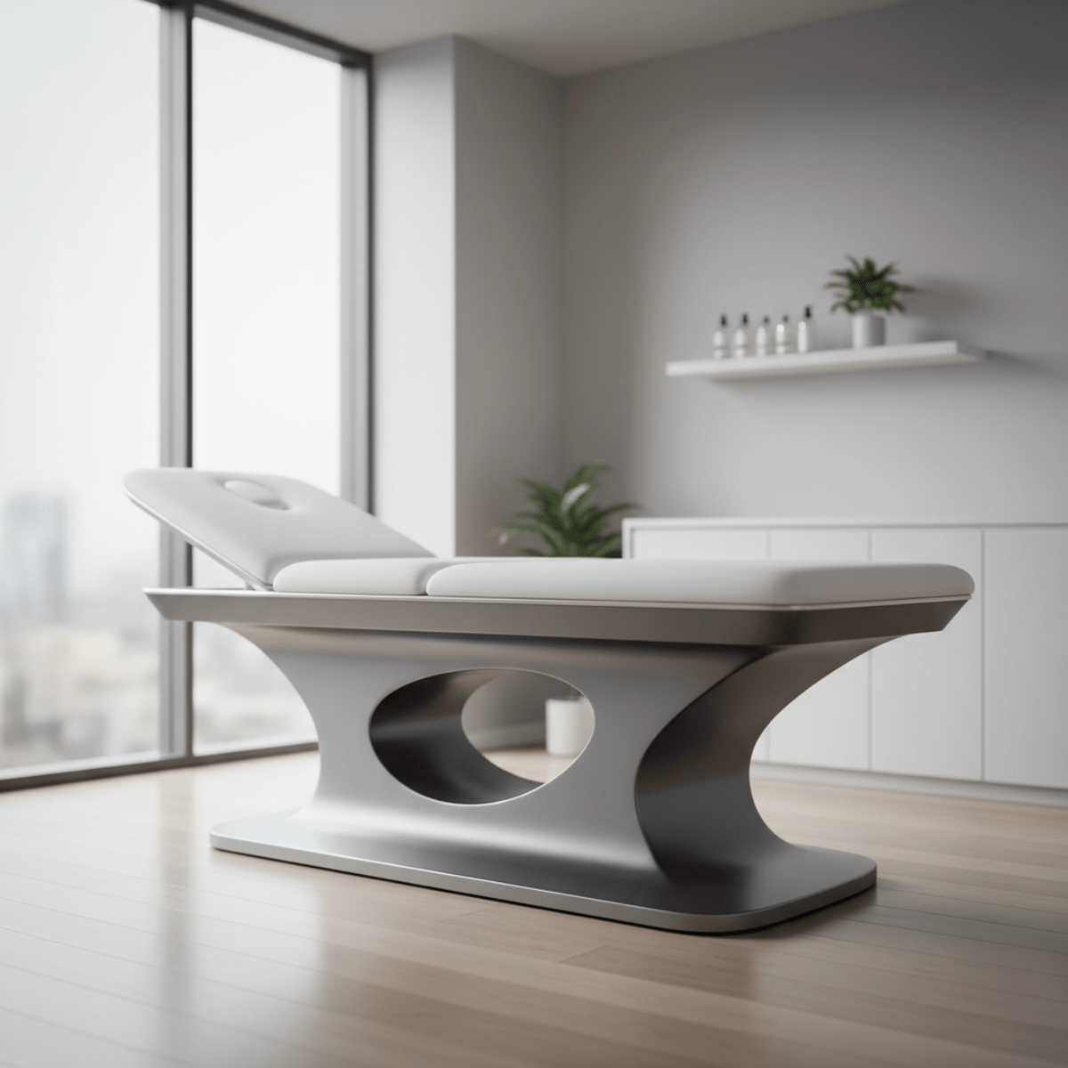 Ergonomic physical therapy table in a modern clinic Modern physical therapy table with contoured base in a minimalist clinic setting.