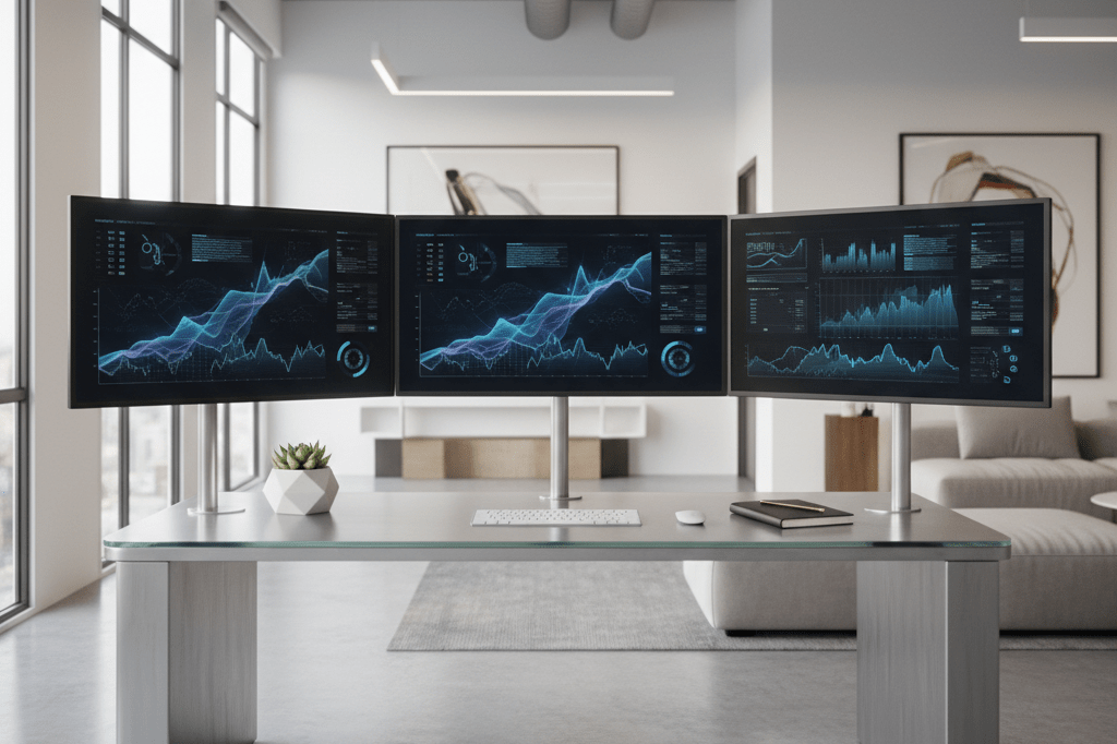 Wide-angle view of a contemporary real estate workspace with advanced AI tools and data visualization screens under natural light