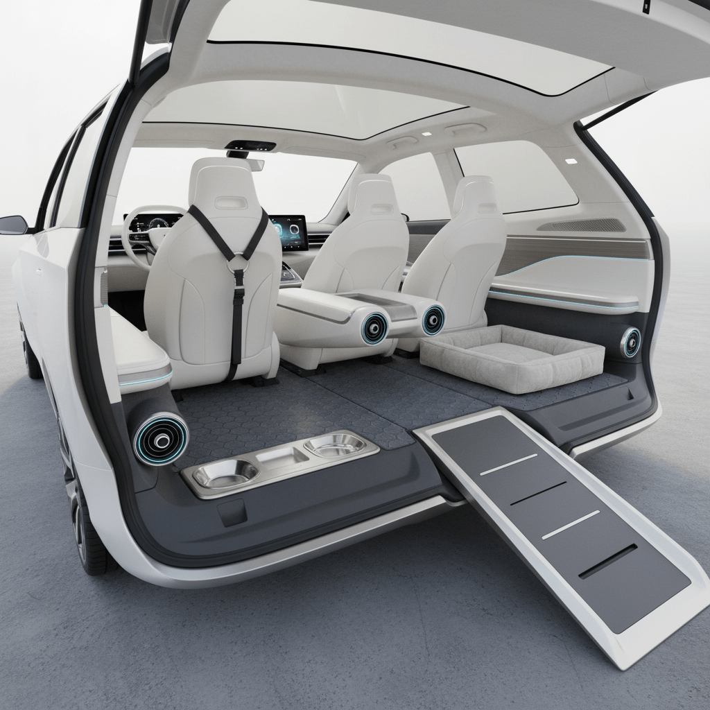 Luxurious futuristic SUV interior designed for pet comfort with custom safety features.