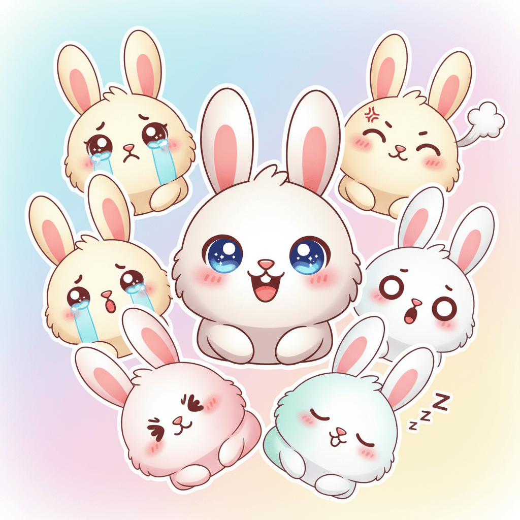 Kawaii bunnies sticker pack with expressive emotions on pastel gradient backdrop.