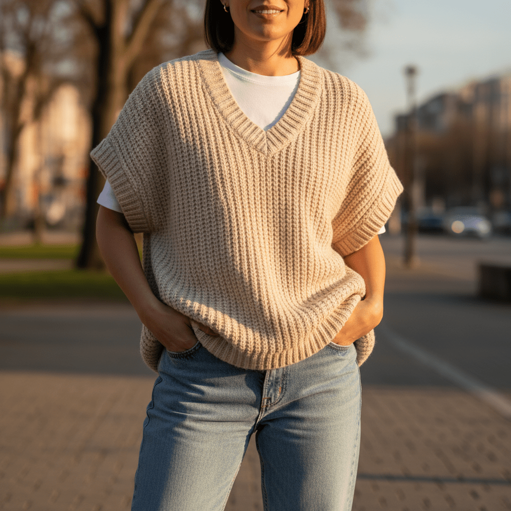 Cream-colored puffy ribbed knit vest layered over a tee, bathed in golden hour sunlight.