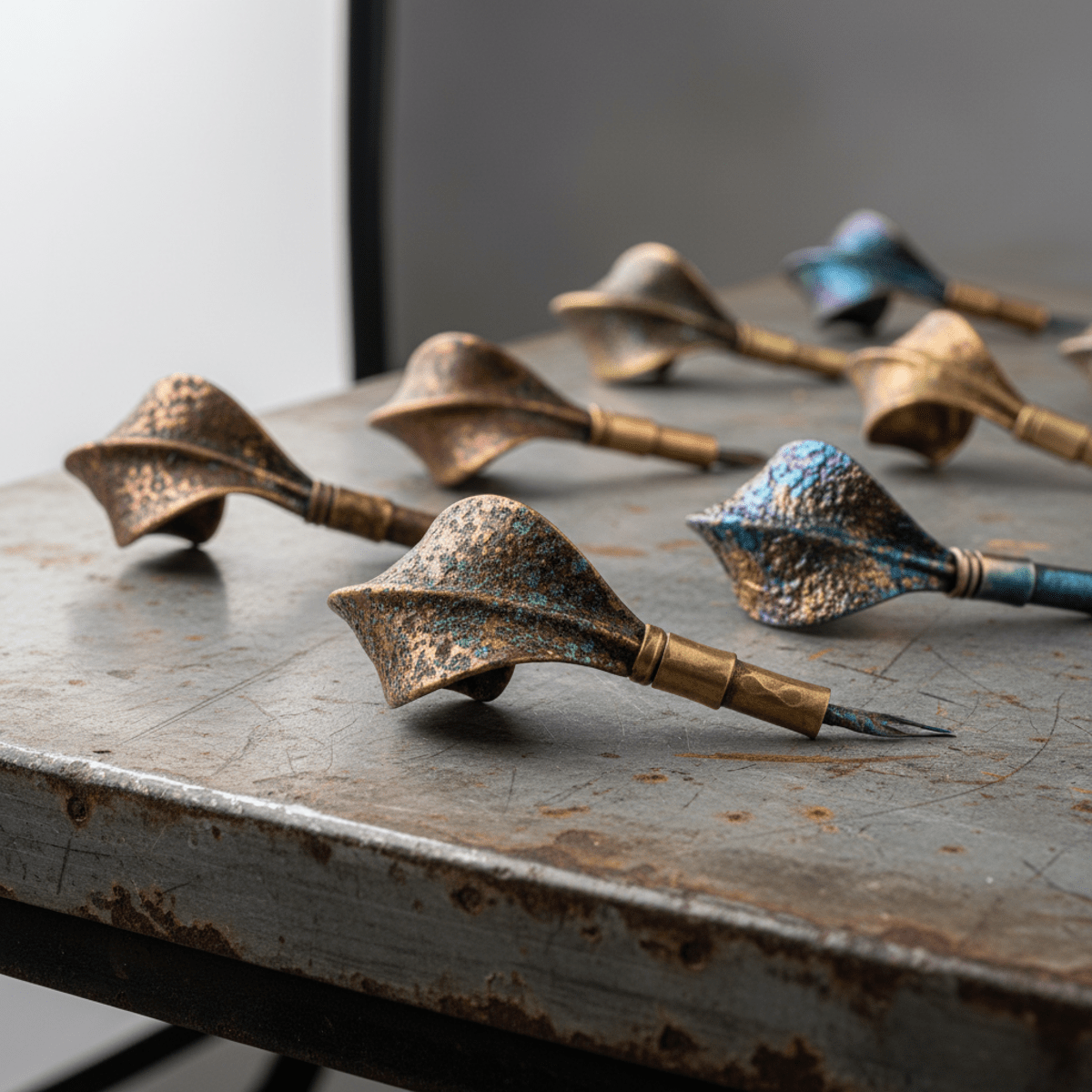Folded calligraphy tools crafted from recycled metals with unique patina and textures.