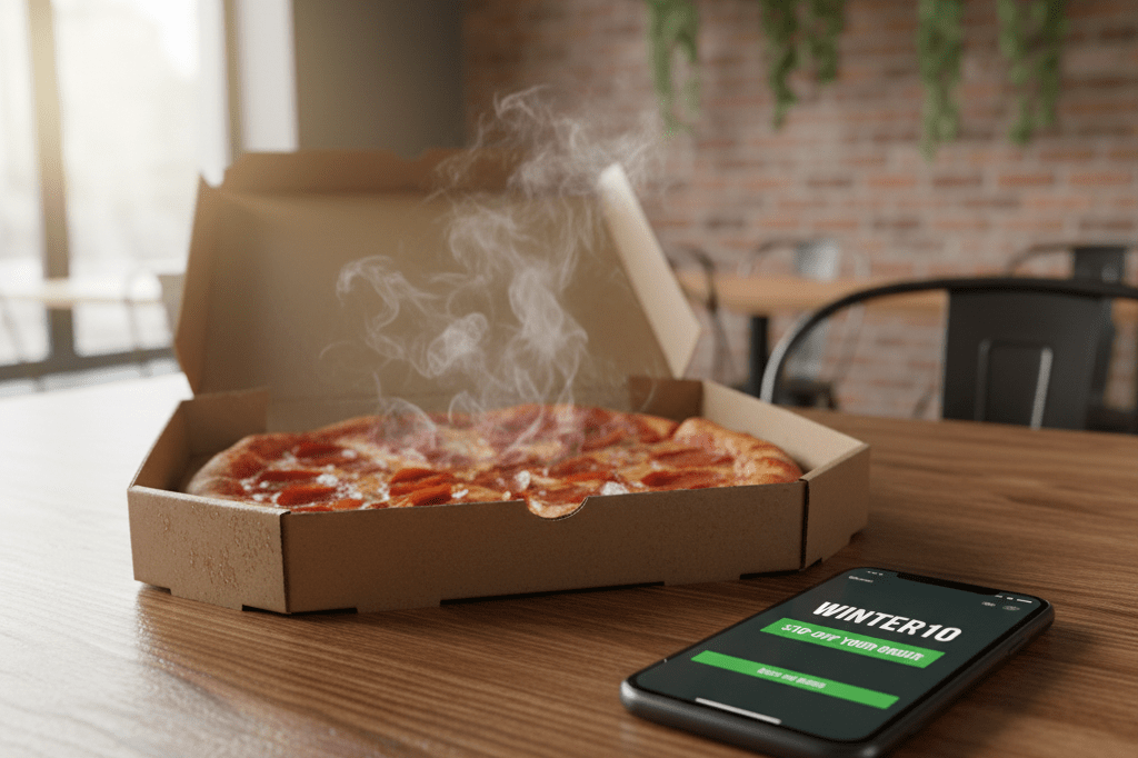 Pizza box and smartphone showing digital promo code on restaurant table Medium shot of open pizza box and phone displaying WINTER10 promo code on wooden table in natural light
