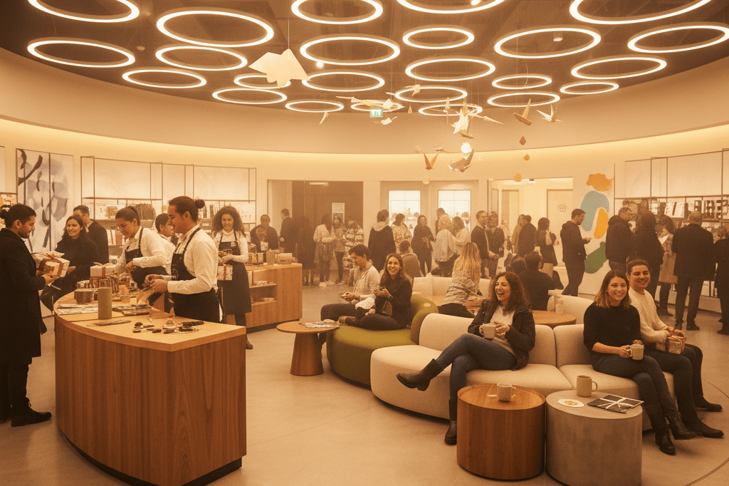 Warmly lit modern retail store featuring experiential displays and interactive zones enhancing customer engagement through thoughtful surprises