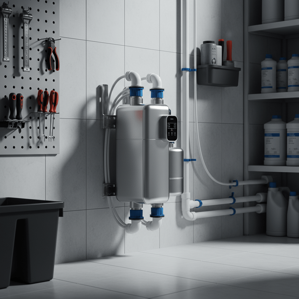 Compact shallow well water pump system with integrated components in a clean utility space.