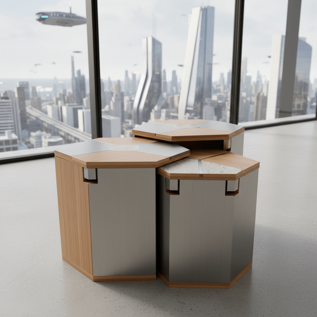 Modular hexagonal table with bamboo, steel, and composite materials in a modern living room.