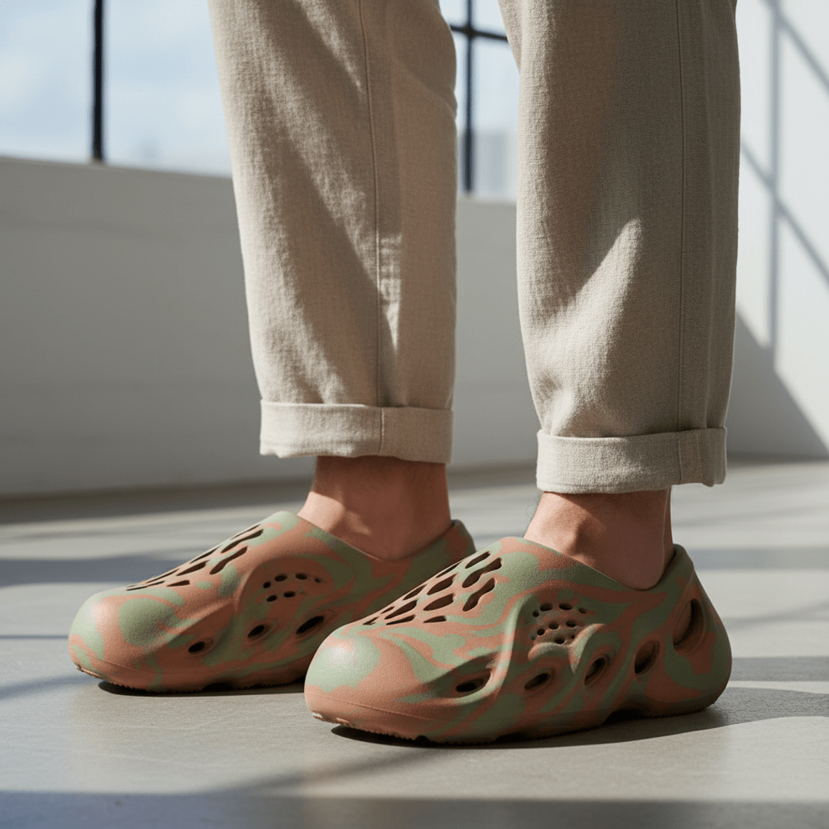 Trendy men's bio-molded clogs crafted from algae foam in earthy tones.