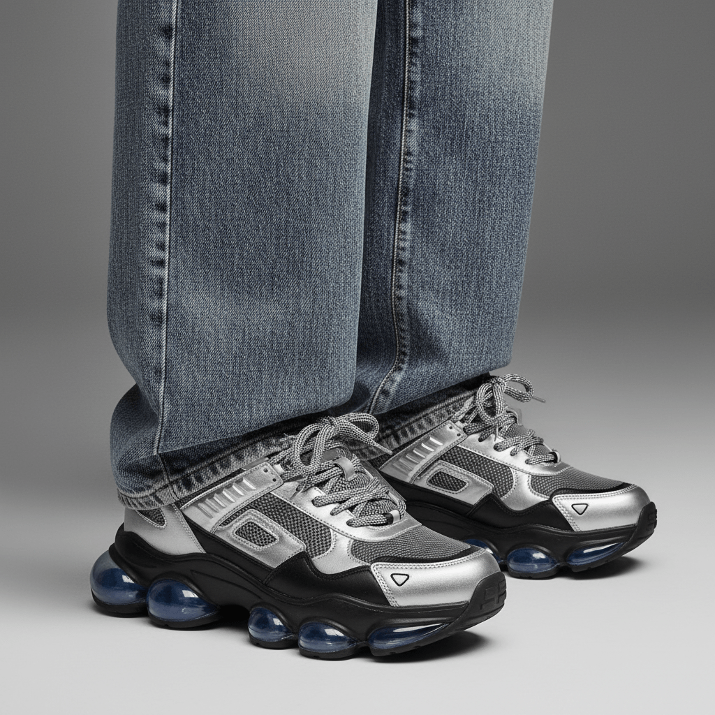 Futuristic chunky bubble sole sneakers with Y2K oversized pants and metallic accents.