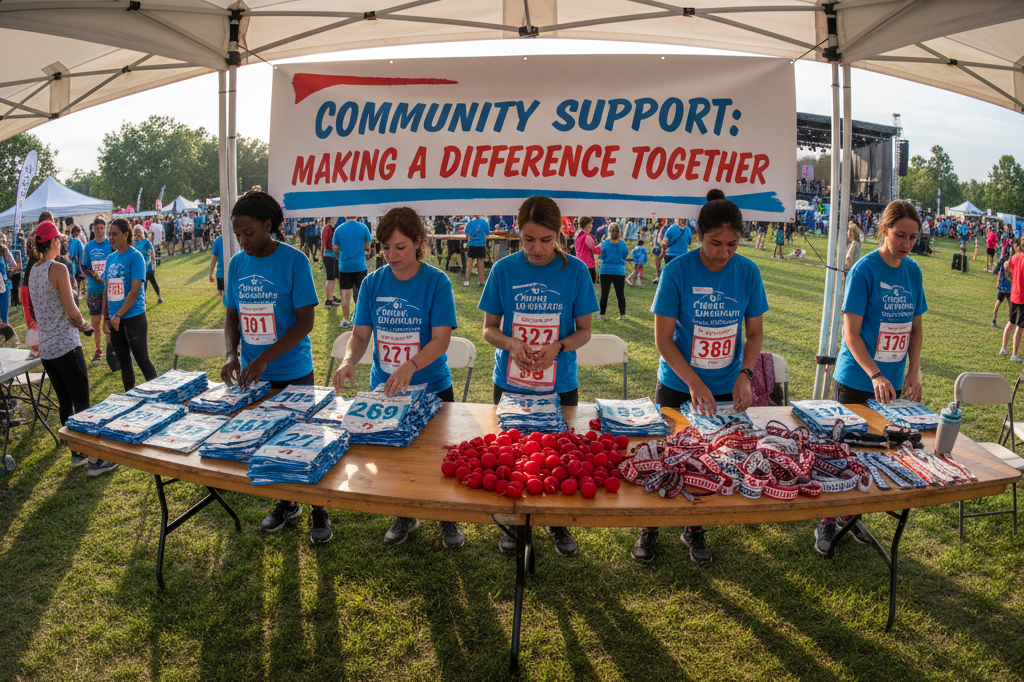 Volunteers preparing charity event materials under warm ambient light, highlighting purpose-driven product displays and teamwork
