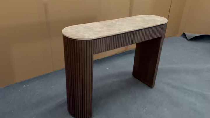 White Oak Reeding and Veneers Wood Console Table with Drawers