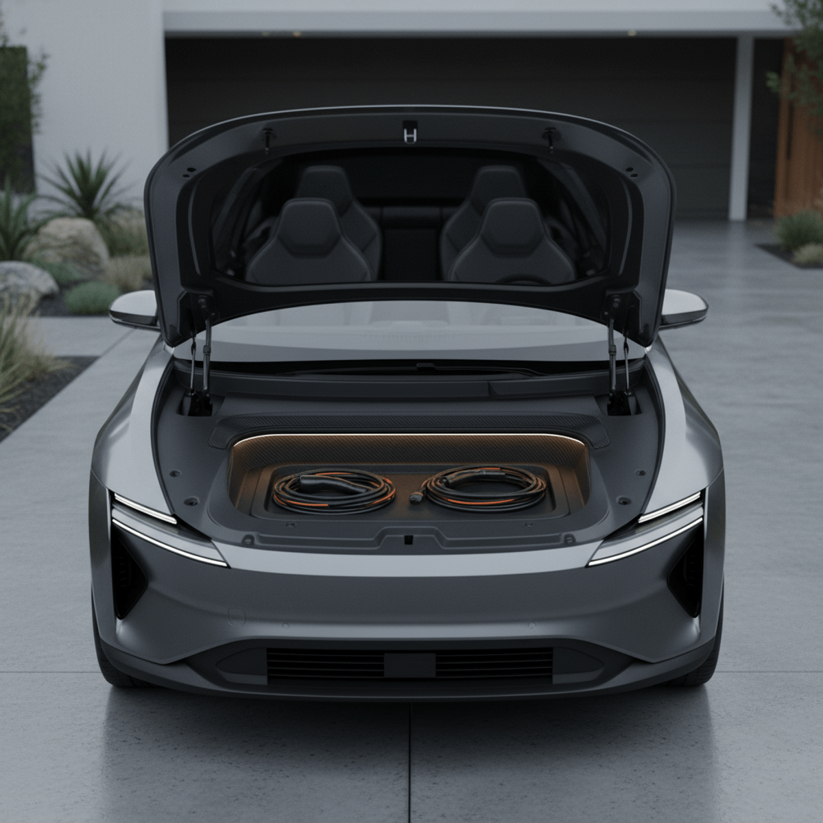 Electric SUV front trunk with charging cables and hood mechanism. Electric SUV front trunk open, showing charging cables and sleek hood mechanism.