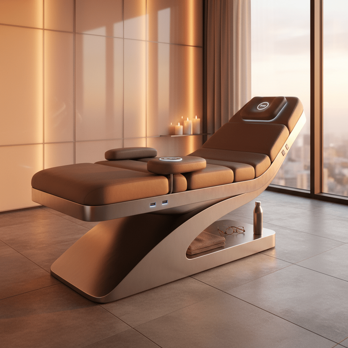 Modern hydraulic massage table with wireless charging and USB ports in a serene spa.