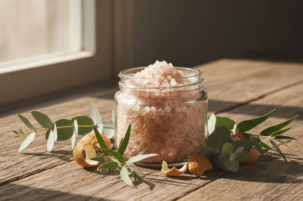 Open jar of sea salt scrub with eucalyptus and oils on wood table under natural light