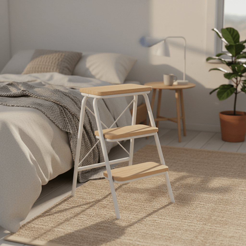 Compact folding step stool with light-oak steps beside a bed in a modern bedroom.