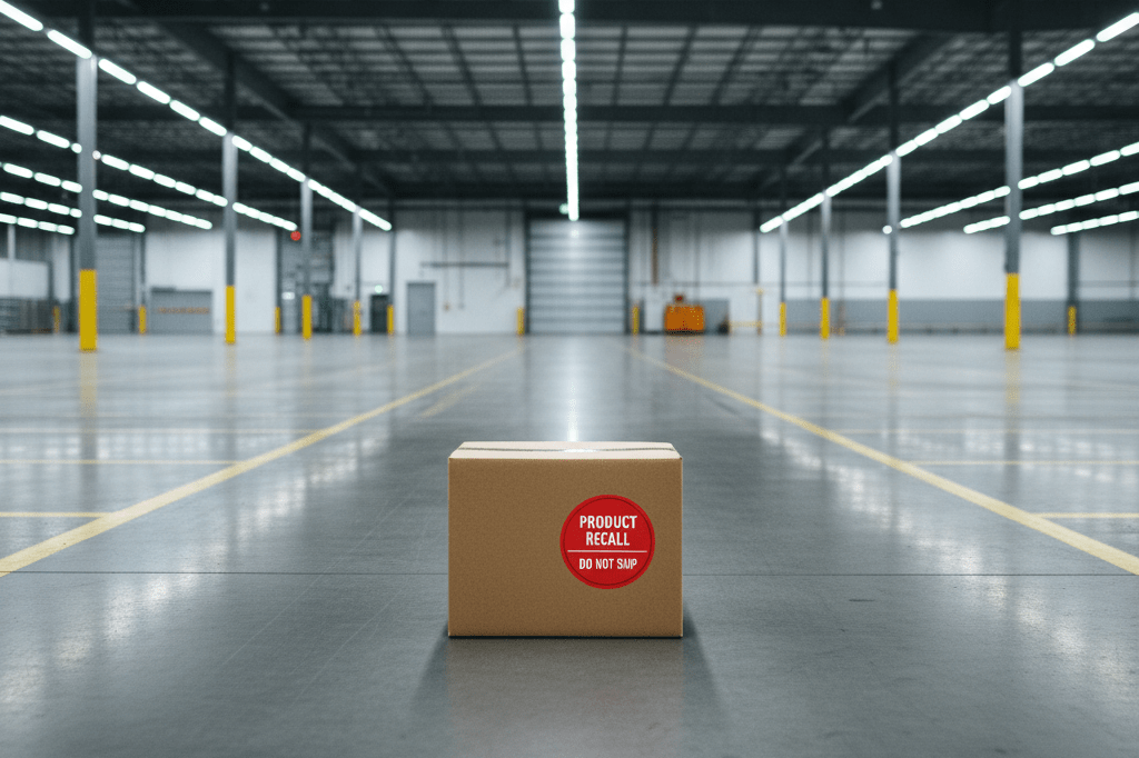 Empty warehouse floor with single recalled food box under fluorescent lights showing supply chain impact
